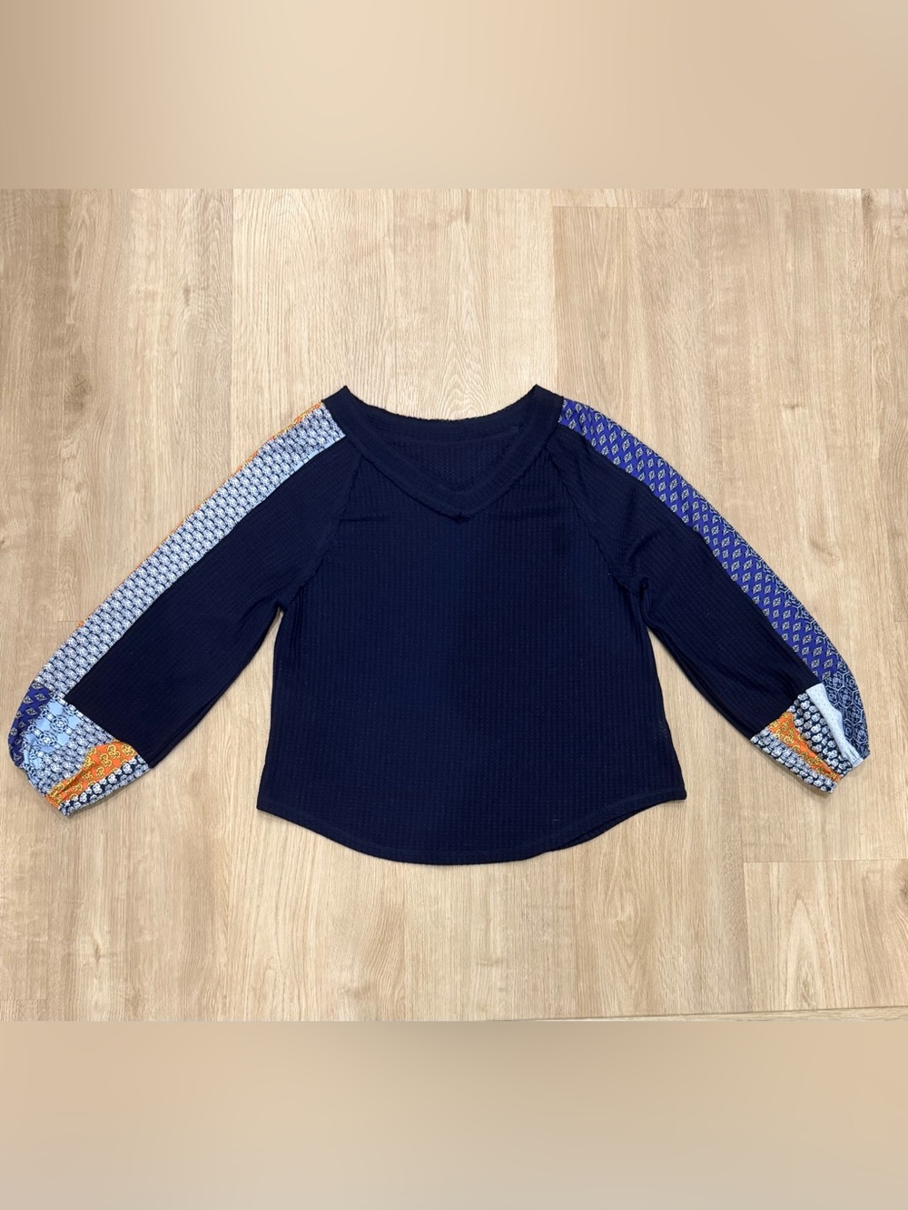 Navy Waffle Knit Balloon Sleeve Top